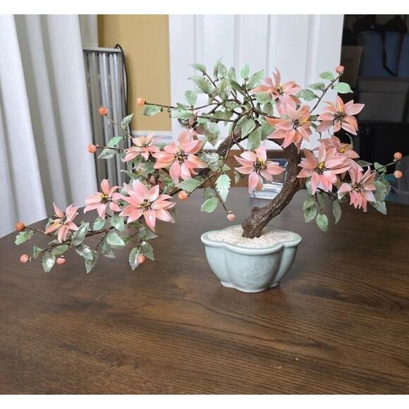 Vintage Chinese Glass Stone Jade Cherry Blossom Bonsai Tree Pink Flowers 14" - Picture 1 of 16
